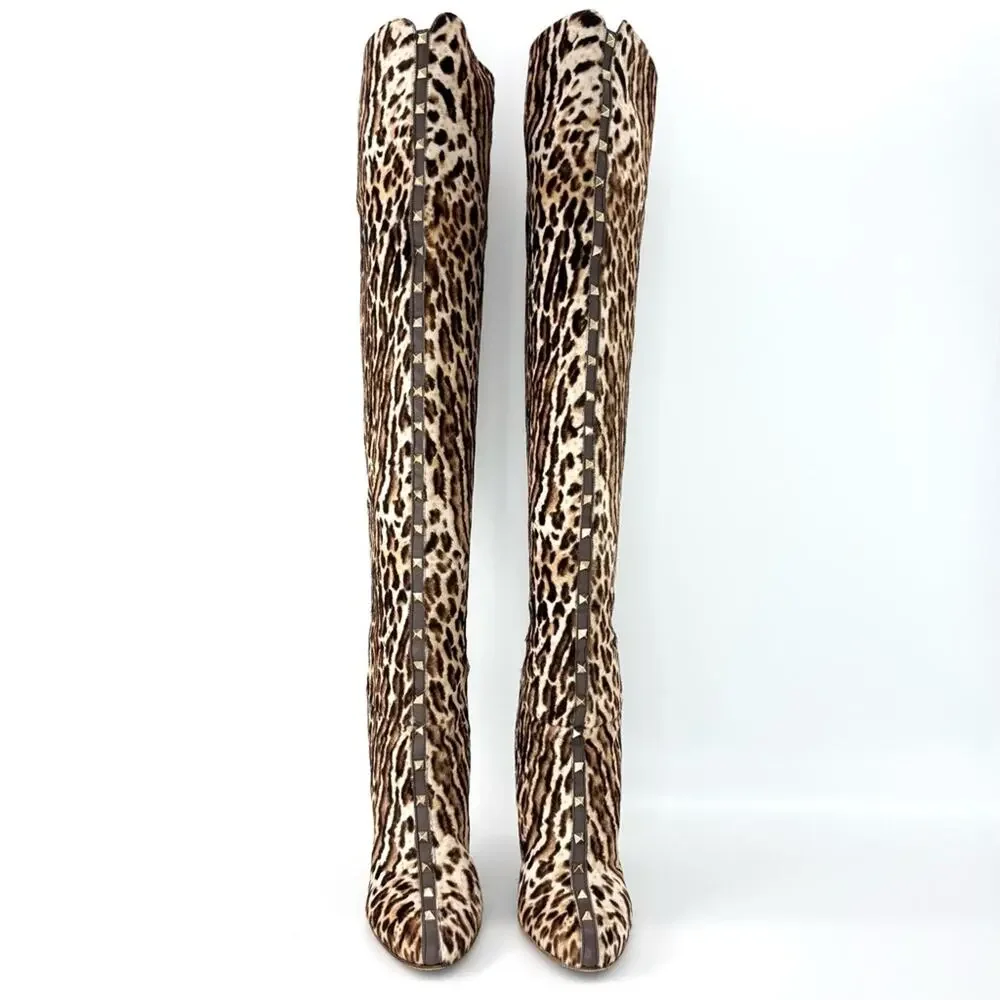 Valentino Rockstud Over the Knee Leopard Print Cowhair Stiletto Boots 40